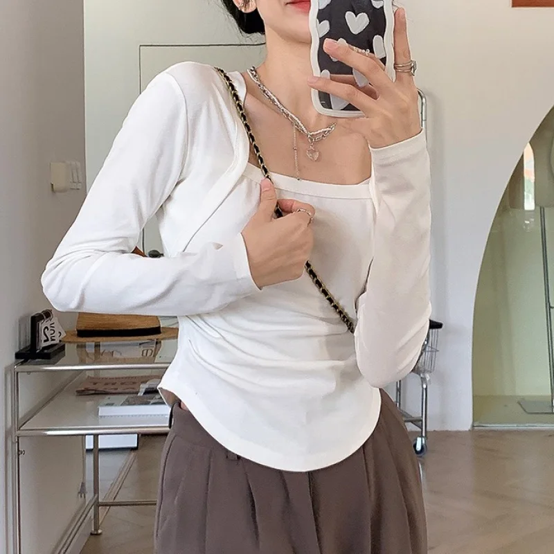 

2023 Autumn/winter women's square neck long sleeve T-shirt Slim cotton interior