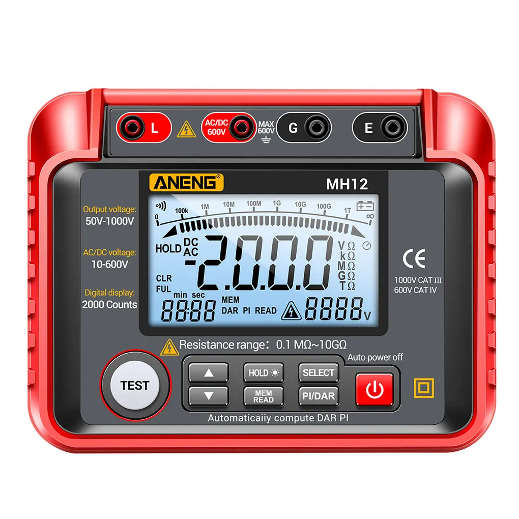 

ANENG Digital Display Adjustable Megohmmeter Insulation Earth Ground Resistance Meter Data Hold Tester Plastic