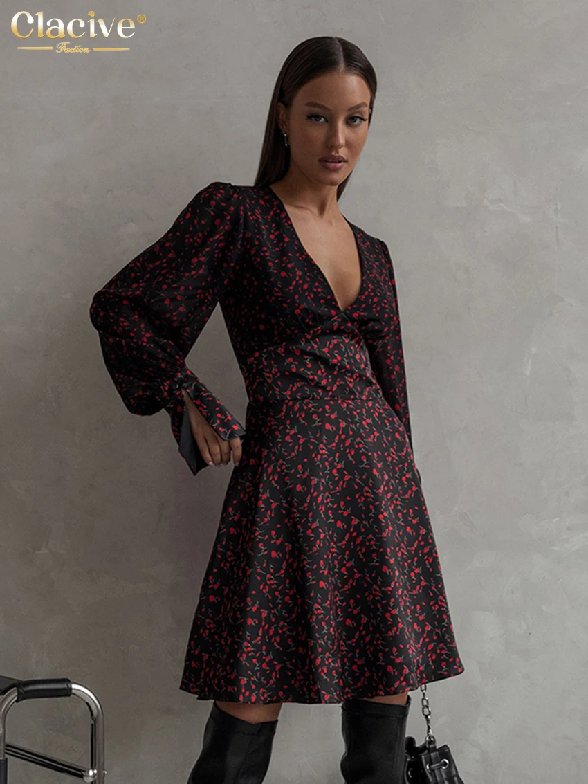 

Clacive Fashion Slim Print Women'S Dress 2023 Sexy V-Neck Long Sleeve Mini Dresses Elegant Classic High Waist Female Dress