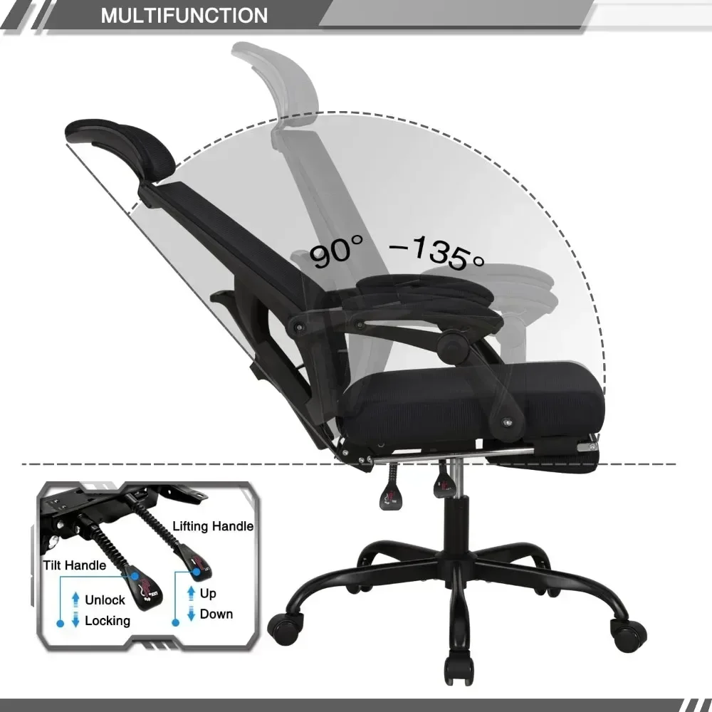 ergonomic mesh office chair with footrest, home desk chair featuring adjustable headrest and backrest for 90-135 degrees, ideal