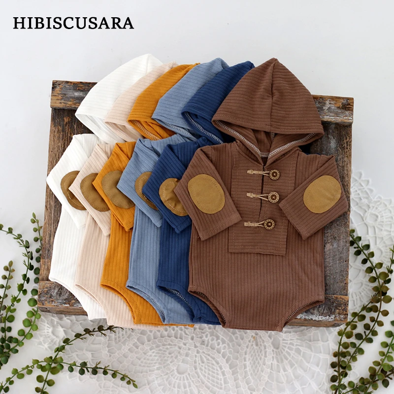 

Newborn Photography Props Knitted Romper Hooded Boys Girls Outfits Knit Bodysuit Patchwork Photoshoot Costumes Dayily Wear