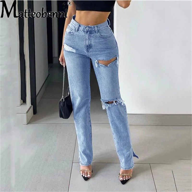 

Women's High-Waisted Slim Straight-Leg Denim Trousers Mopping Pants Ripped Hole Hollow Out Foot Slit Drape Slightly Flared Jeans