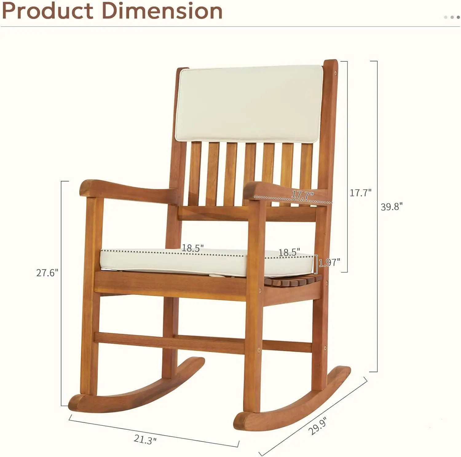 Outdoor Rocking Chair with Cushions, Wooden Rocker Support 550 LBS for Indoors & Outdoors, 1 Pack