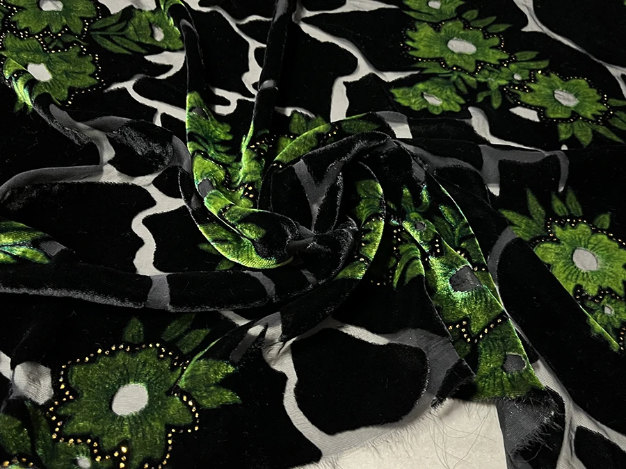 

High Quality Real Silk Velvet Clothing Cloth Black Geometric Yellow Green Flower Bronzing Designer Hollow Fabric