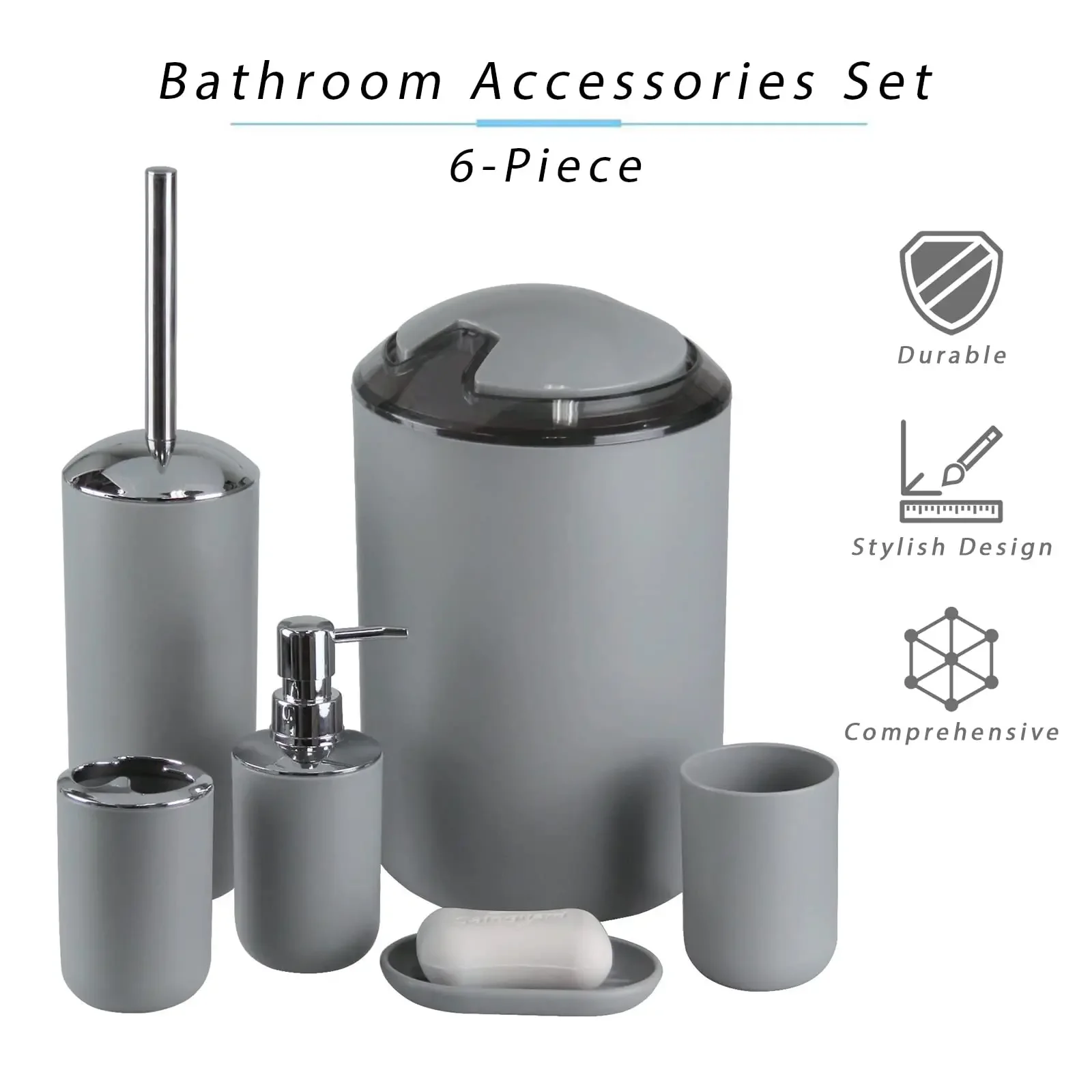 Bathroom Accessories Set 6 pcs Toothbrush Holder Toothbrush Cup Soap Dispenser Soap Dish Toilet Brush Holder Trash Can