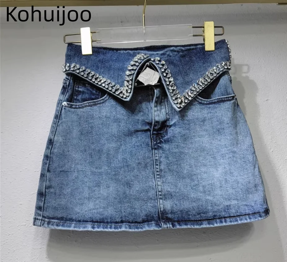 

Kohuijoo Heavy Diamond Design Denim Skirt Female Summer New High Waisted A Line Slim Pencil Denim Skirts Sexy Short Skirt Blue