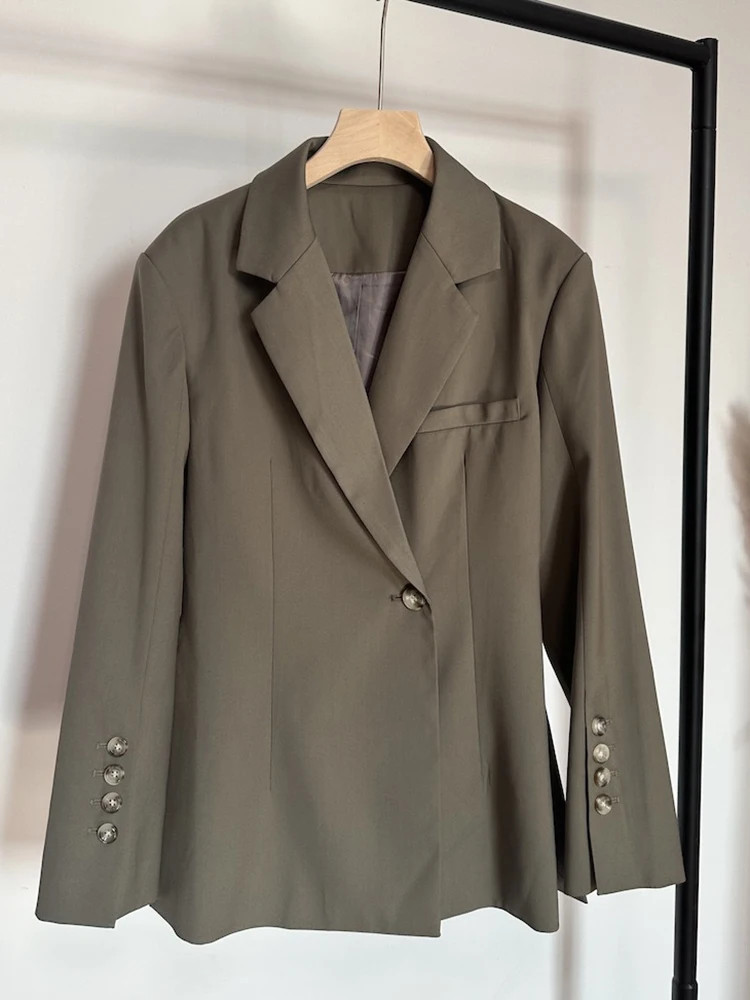 [LANMREM] Single Button Gathered Waist Blazers For Women Long Sleeve Office Lady Green Jackets Fashion 2024 Spring New 26D8926