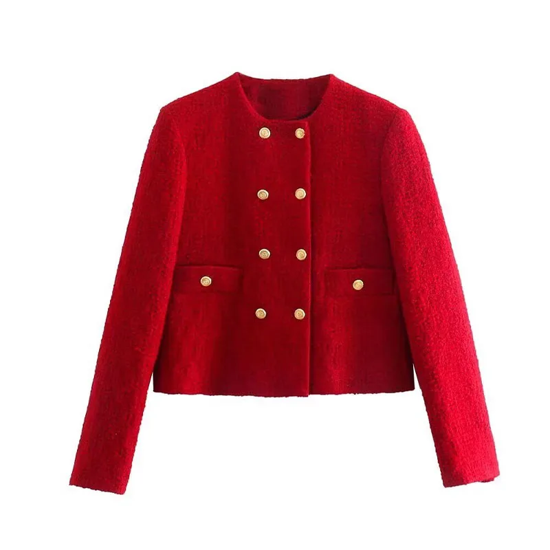 thumbnail image 1 of HH TRAF 2024 Chaquetas estilo streetwear para mujer, color rojo, cuello redondo, mangas largas, bolsillos, decoración, cruzados, abrigos de otoño para mujer a la moda, 1 of 5