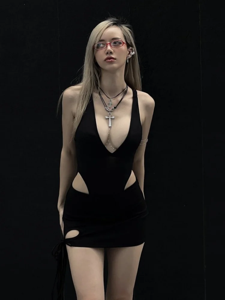 

V-Neck Sexy Bodysuit Lingerie Black Top Women Festival Clothing Backless Rave Outfit Hollow Out Body Feminino Bandage Skirt