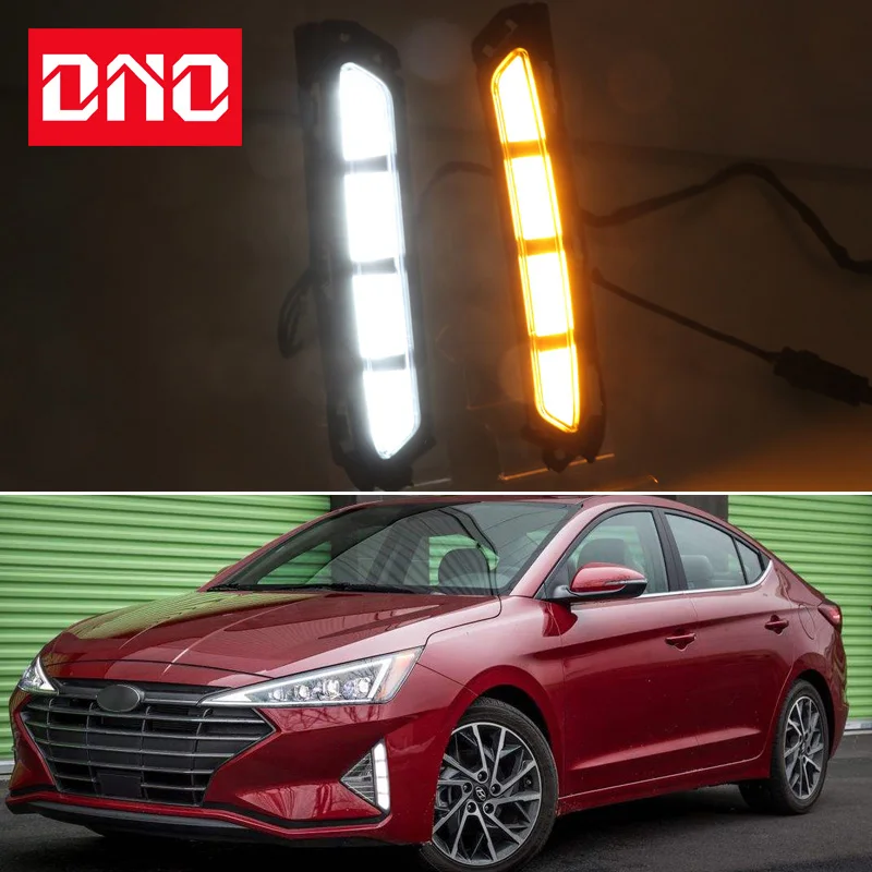 

Car LED Daytime Running Headlamps For Hyundai Elantra Avante 2019 2020 Daylights Yellow Turn Signal DRL Car Foglamps