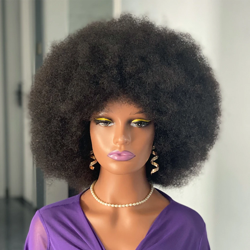 Short Fluffy Afro Kinky Curly Human Hair Wig With Bangs 180% Density Full Machine Wigs Natural Pixie Cut wig Brazilian Hair