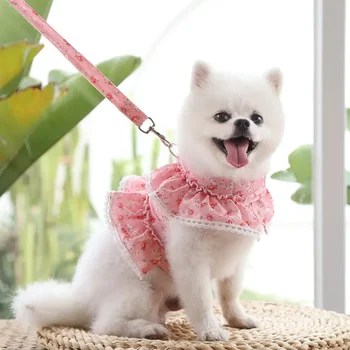 Dog Cat Harness Leash Set Adjustable Lace Floral Printed Pet Harness Vest Cute Dog Clothes Puppy Mesh Harness Dog Accessories 3