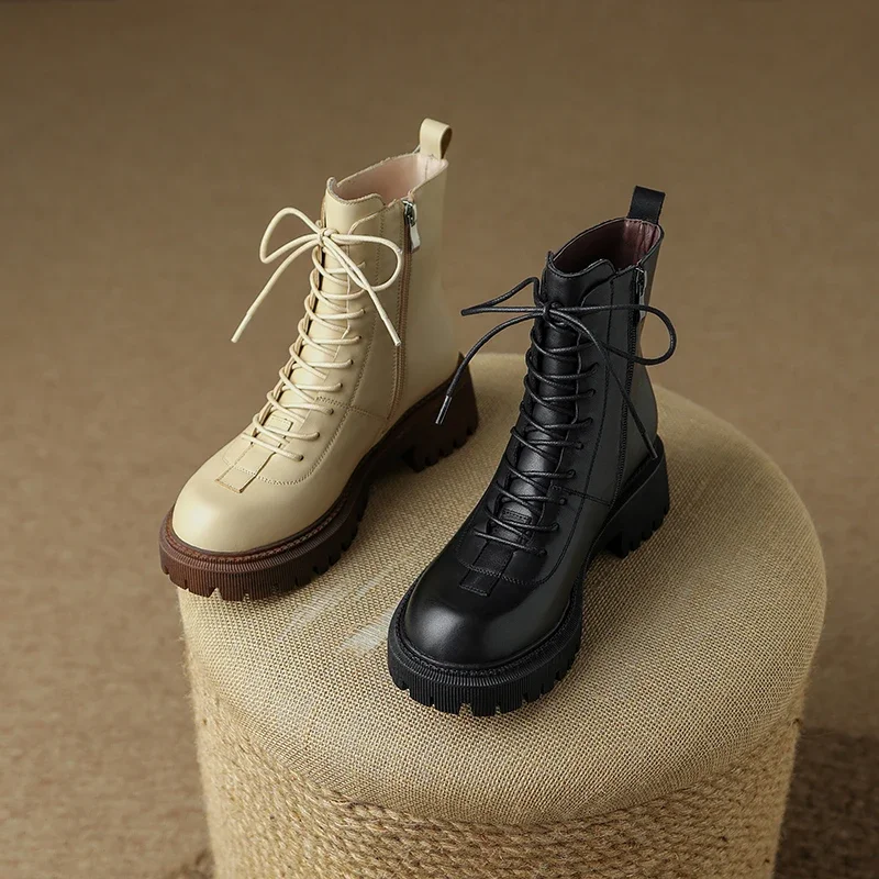 

2022 New Genuine Leather Winter ZIP Women Boots Fashion Round Toe Chunky Heel ANKLE Boots Platform Shoes Modern Women Shoes