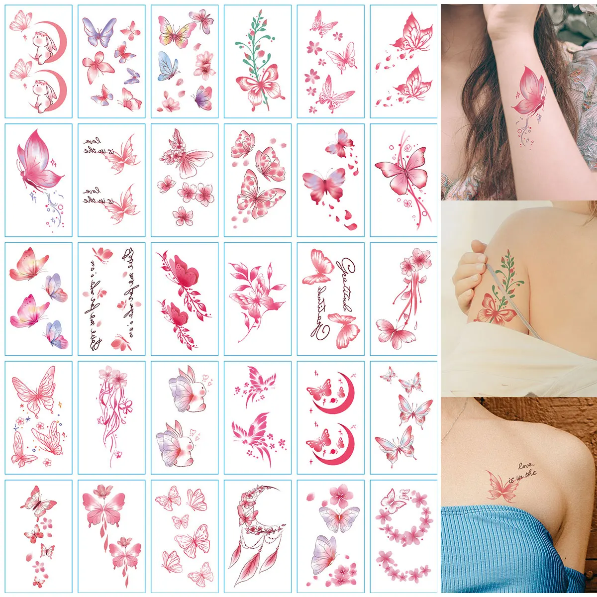 30 fogli di adesivi per tatuaggi temporanei, piccoli adesivi per tatuaggi  con motivo a farfalla e fiore di luna - AliExpress, image size:1200x1200