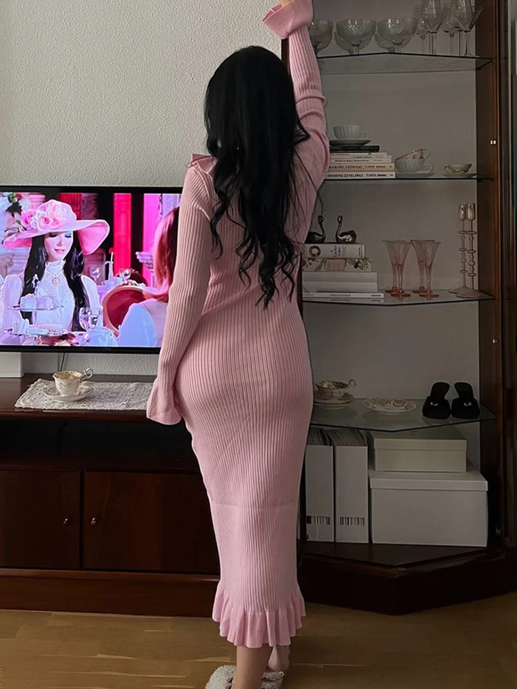 Ruffled Knit Long Dress For Women Lapel Slim High Waist Single Breasted Sweater Maxi Dress Elegant Ladies Party Dresses