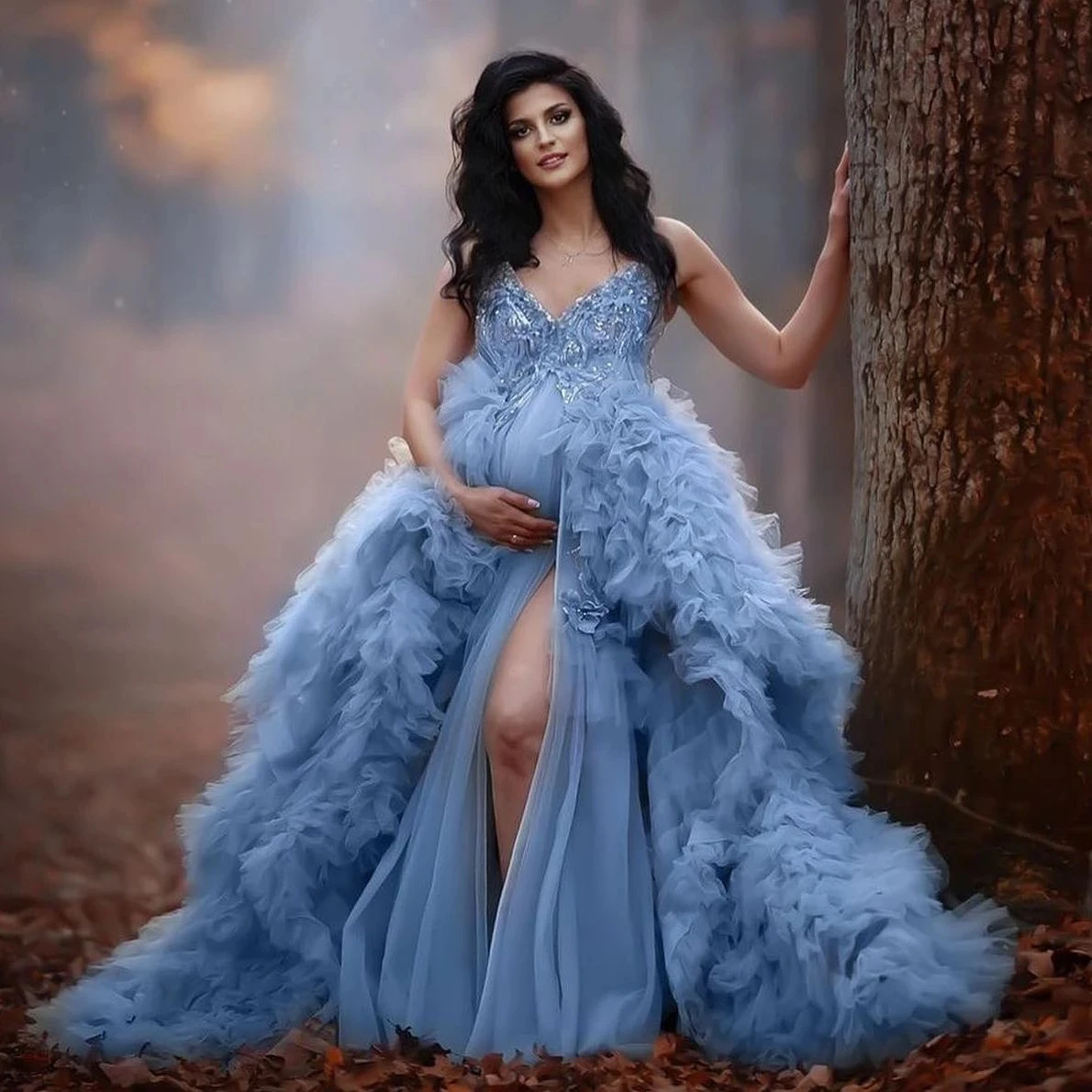 

Luxury Ruffle Sequin Maternity Dress for Photoshoot Dusty Blue Tiered Tulle Maternity Gowns Babyshower Dresses Front Slit V Neck