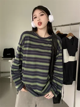Classic and Versatile Spring Striped Women's T-shirt Kawaii Summer Long Sleeved Shirt Korean Women's Oversized Cool Top T-shirt 1