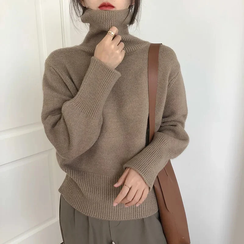 

Cashmere Elegant Sweater Knitted Turtle Neck Women Fashion Pullovers Soft Korean Solid Loose Warm Office Lady Basic Jumper