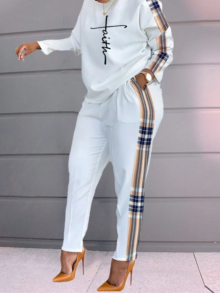 white pant suit set New Tracksuit Female Printing Pocket Women Loungewear Set Spring Autumn O-Neck Long Sleeve Pencil Pants Ladies Outfit Streetwear Dress Suits