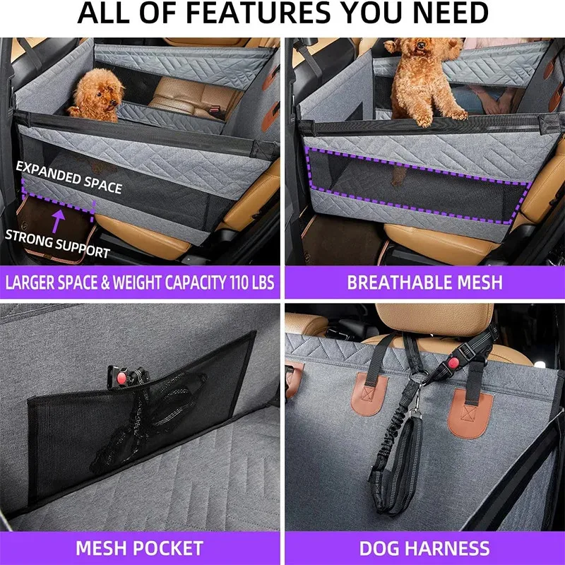 Pet Car Nest Bed Full Coverage Back Seat Hammock Extender for Cars Waterproof Scratchproof with Mesh Pocket for All Size Dogs dog car seat cover