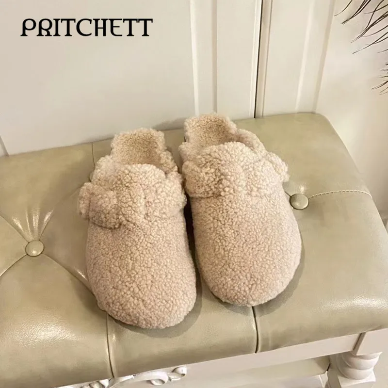 White Fluffy Baotou Muller Slippers Round Head Flat Bottom Multi-Color Warm Slippers Winter Warm Home Casual Women's Shoes