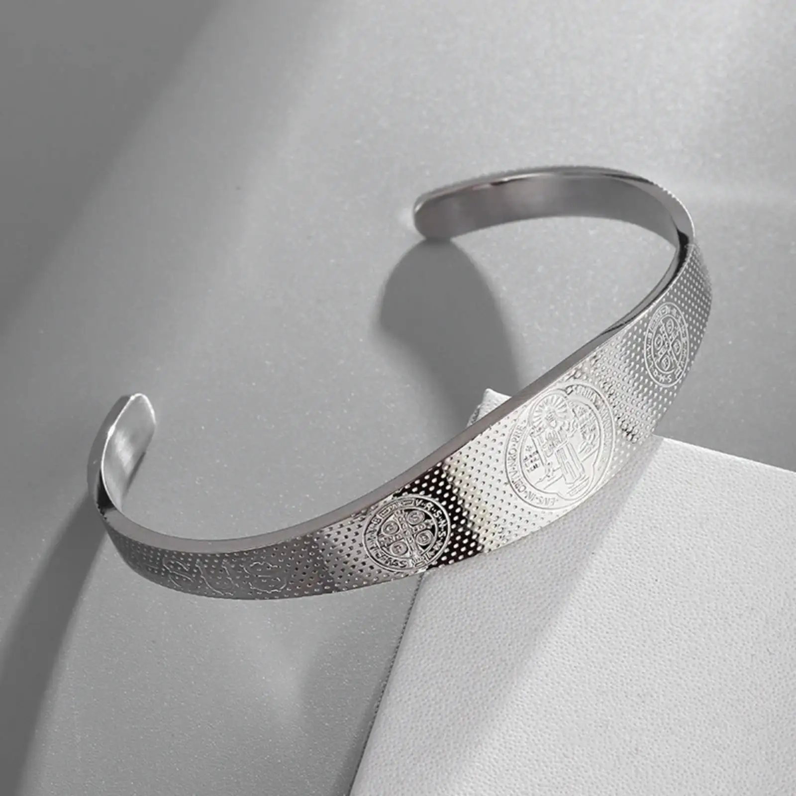Saint Benedict Open Bangle Bracelet - Blessing & Protection Stainless Steel Jewelry Gift
