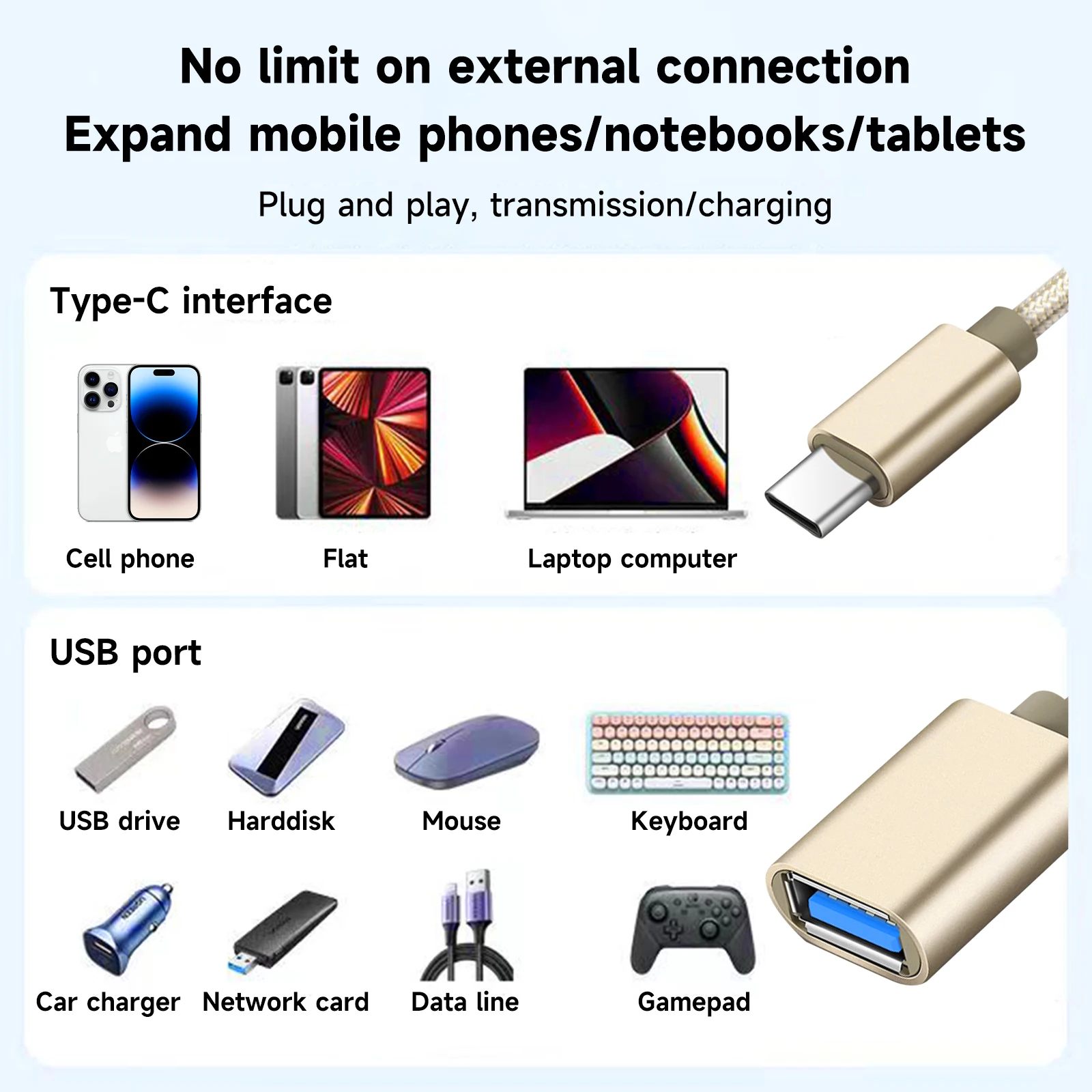 USB-C-USB 어댑터, 스마트폰, 태블릿, 노트북 등을 위한 USB-C 남성-USB 여성 OTG 데이터 케이블