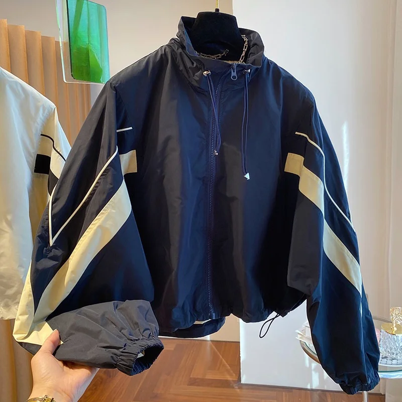 Contrast Stitching Stand-up Collar Trench Coat Women Casual Sports