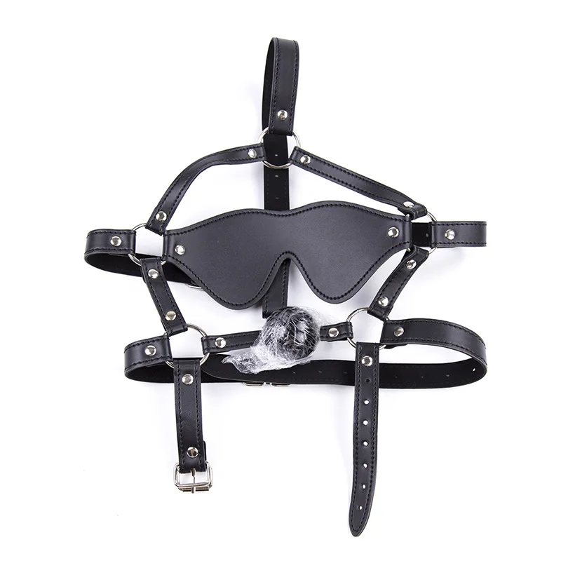 Leather BDSM Head Harness Mask with Ball Gag and Blinder Bondage Restraint Fetish Gear