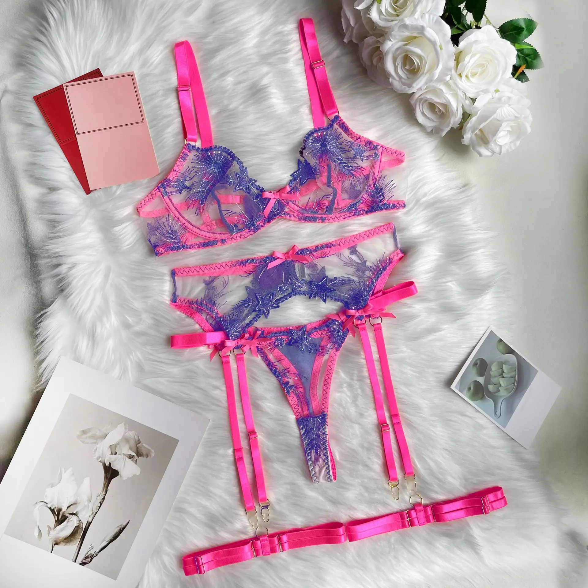Ellolace Pink Fancy Lingerie Floral Luxury Lace See Through Underwear Sensual Garter Belt Set Contrast Color Fairy Outfit women lingerie set sexy bra set women underwear set