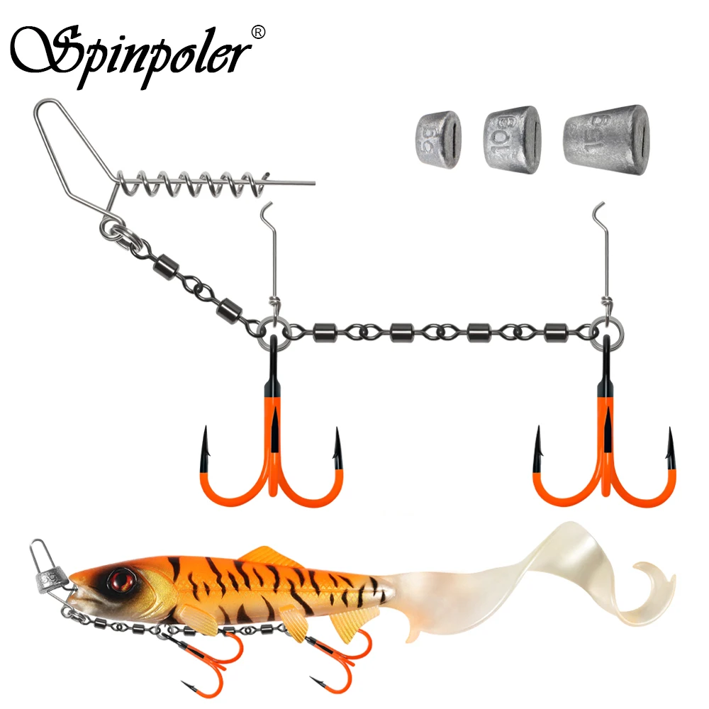 Spinpoler Rolling Wirbel Spiral Stinger Rig Fishing Kit 2X UV Drillinge mit Sinker Gewicht für Soft Lure Swimbait Pike Bass