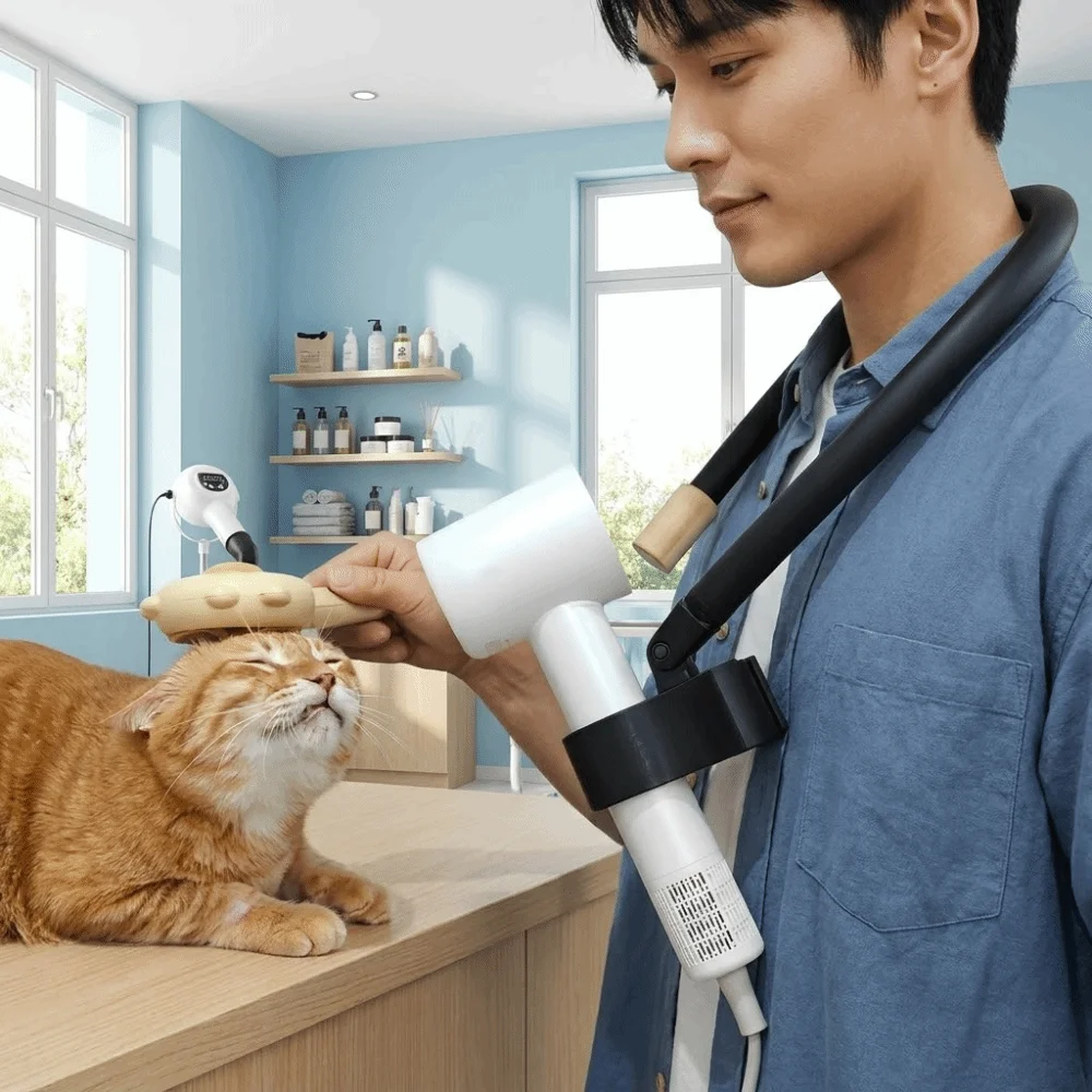 조절 가능한 애완동물 그루밍 헤어 드라이어 휴대용 범용 강아지 헤어 드라이어 홀더 핸즈프리 목걸이형 브래킷 강아지 그루밍