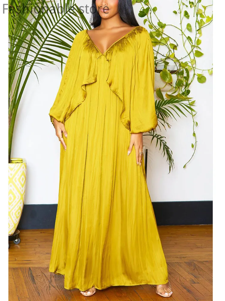 

Женское сексуальное однотонное Атласное Платье макси с V-образным вырезом и длинным рукавом с оборками