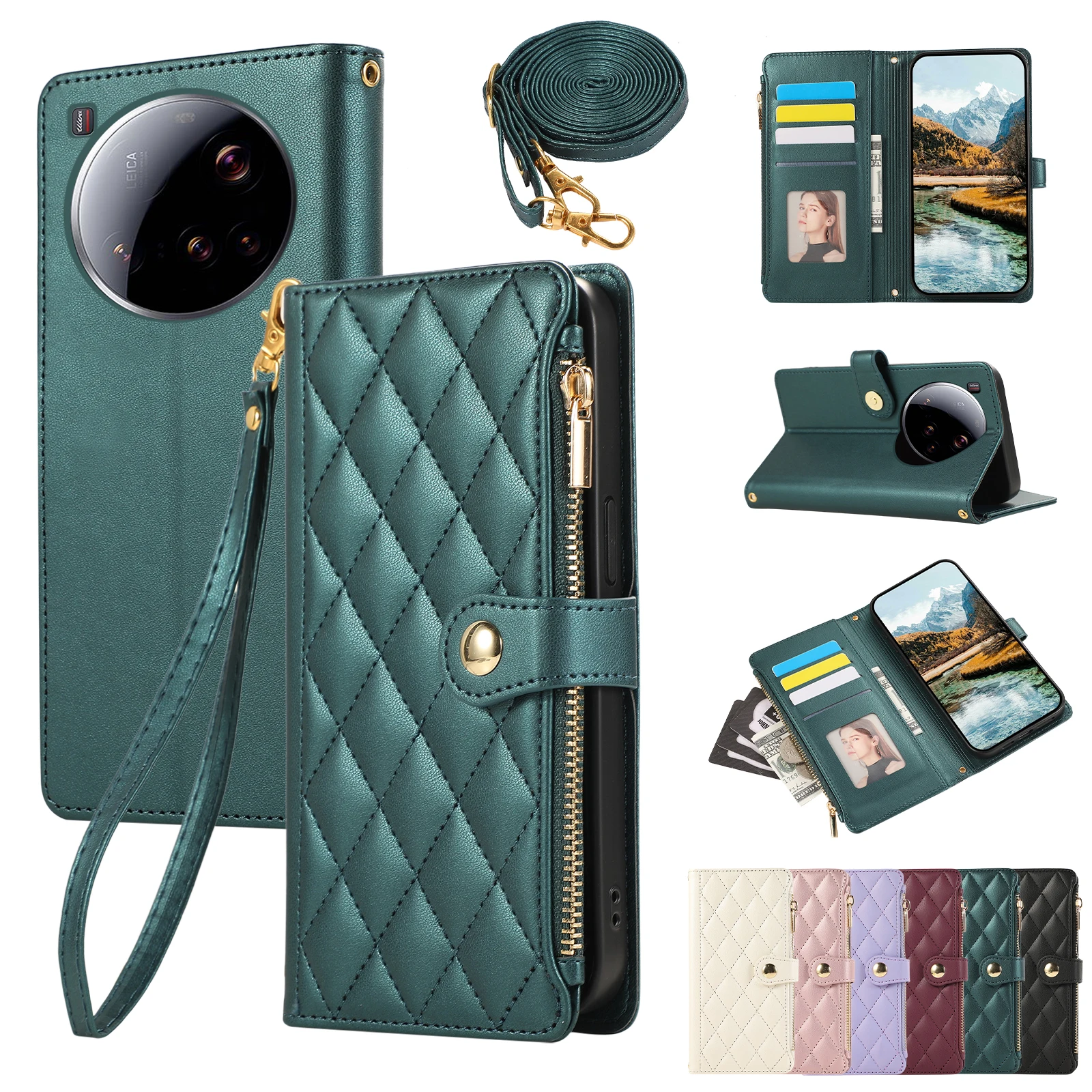 Elegant Crossbody Leather Wallet with Zipper and Diamond Design