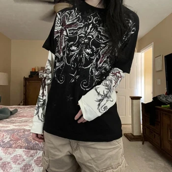 90s Vintage Graphic Print Oversized T-Shirt Y2K Aesthetic Retro Grunge Pullovers Tops E-girl Gothic Mall Goth Emo Tees Clothes 1