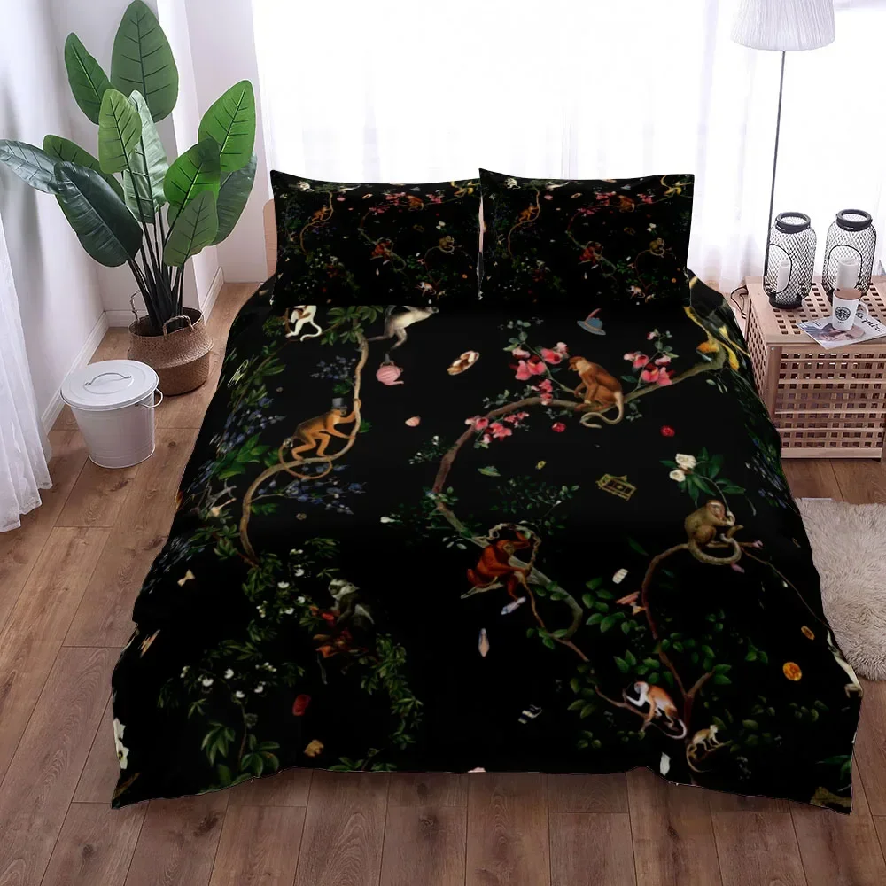 Green Safari Monkeys Duvet Cover Set King Queen Double Full Twin Single Size Bed Linen Set