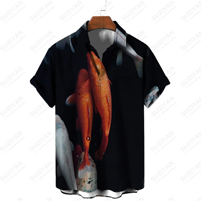 

Hawaiian Shirt Men Summer Fish Print Shirts Short Sleeve Button Shirts Blouse Top Loose Casual Summer Men Clothing Camisas