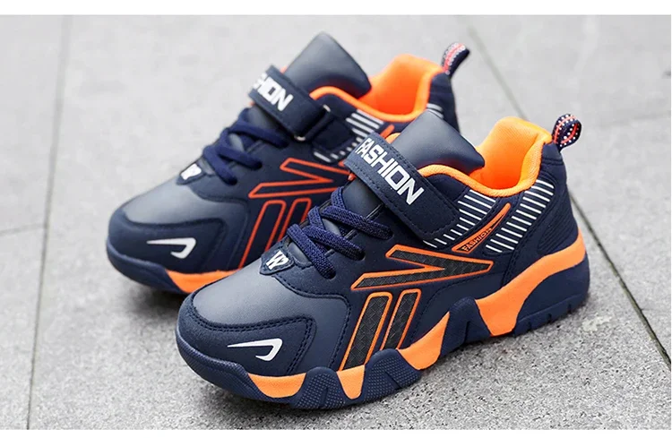 Boys Leather Sneakers - Kids Running Shoes With Rubber Outsole & Hook And Loop Closure