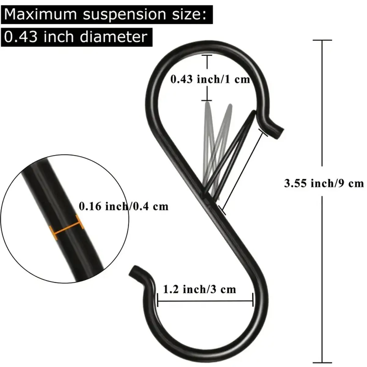 S Shaped Hook 10pcs 3x9cm Metal with Safety Buckle for Hanging Kitchen Utensils Plants Pots Pans Clothes Hats
