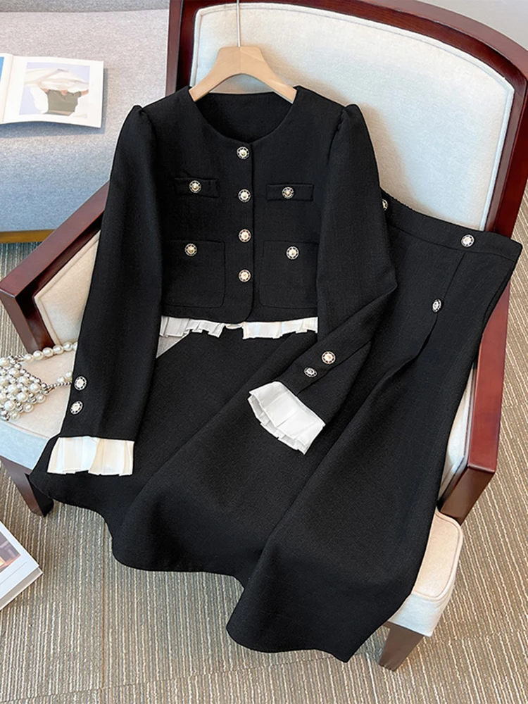 UCXQ Elegant Women Tweed 2 Piece Sets Long Sleeve Ruffle Spliced Jacket+High Waist Fashion Skirt 2023 Autumn Winter New 23A5116