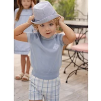 Collection AP Barcelone Bleue : Robe brodée pour filles, ensemble assorti pour la famille (frères et sœurs), ensemble à carreaux pour garçons, haut en tricot 2