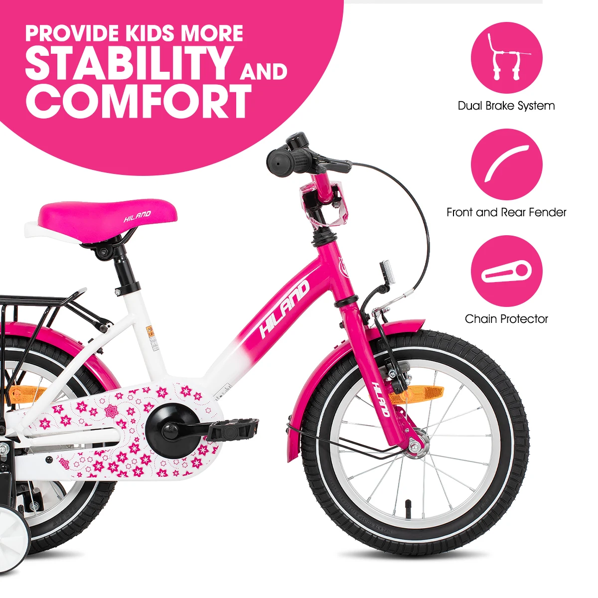 HILAND Kids Bike for Boy and Girl Ages 2-7 Years Old, 12 14 16 Inch Toddlers Bicycle with Training Wheels Bell Rear Rack 2