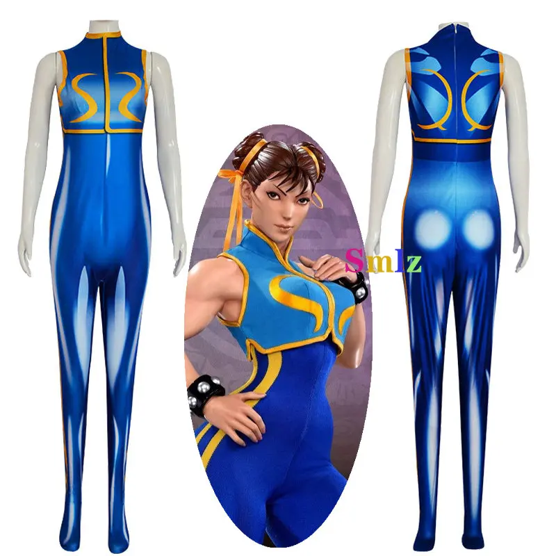 Chun Li Cosplay Anime Costume Blue Bodysuit Battle Game Bodysuits Women