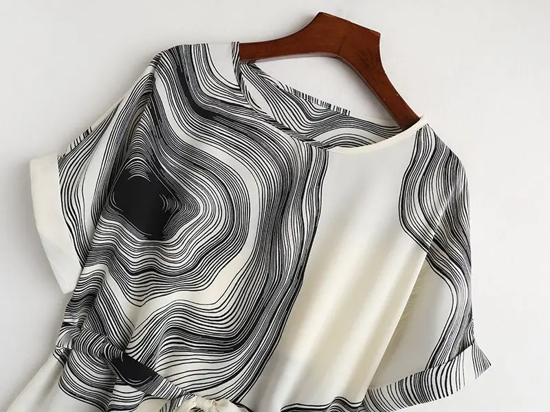 Schwarzer Wirbel gestreifter Druck Vintage Chiffon O-Ausschnitt Kurzarm Schnürung Frauen Bluse Hemd weibliche Tops Frau Kleidung Mode – Detail 5