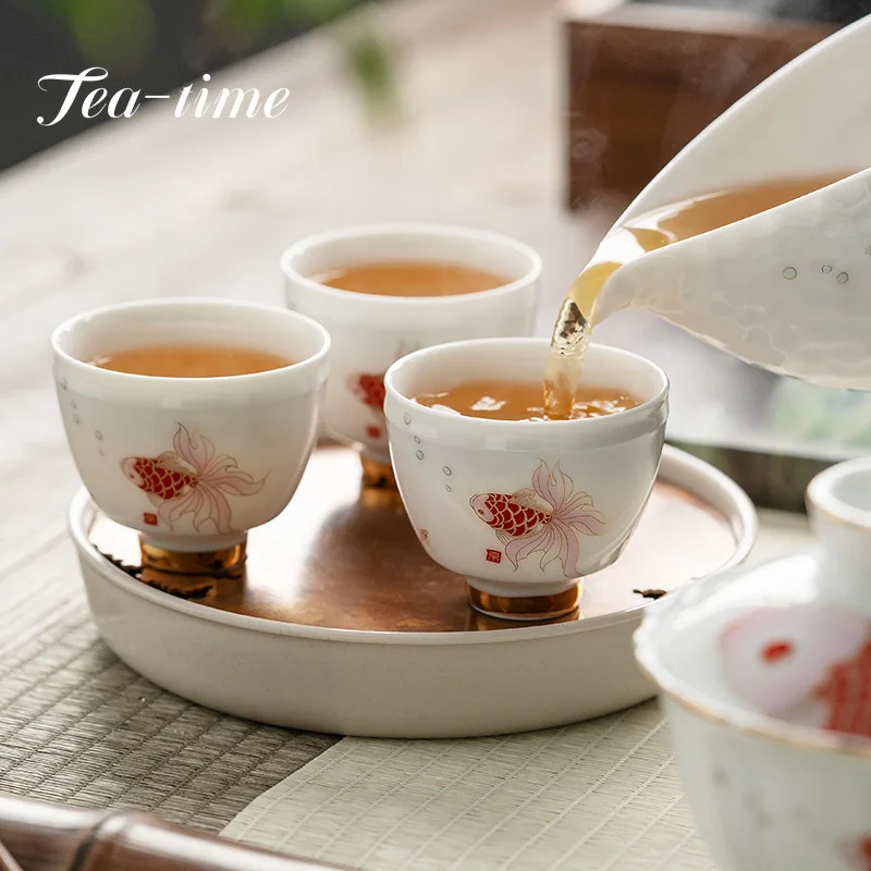 75ml Hand -painted Powder Red Koi Fish Fun Ceramic Tea Cup Drawing Gold Handmade Master Cup Single Wide Mouth Drinkware