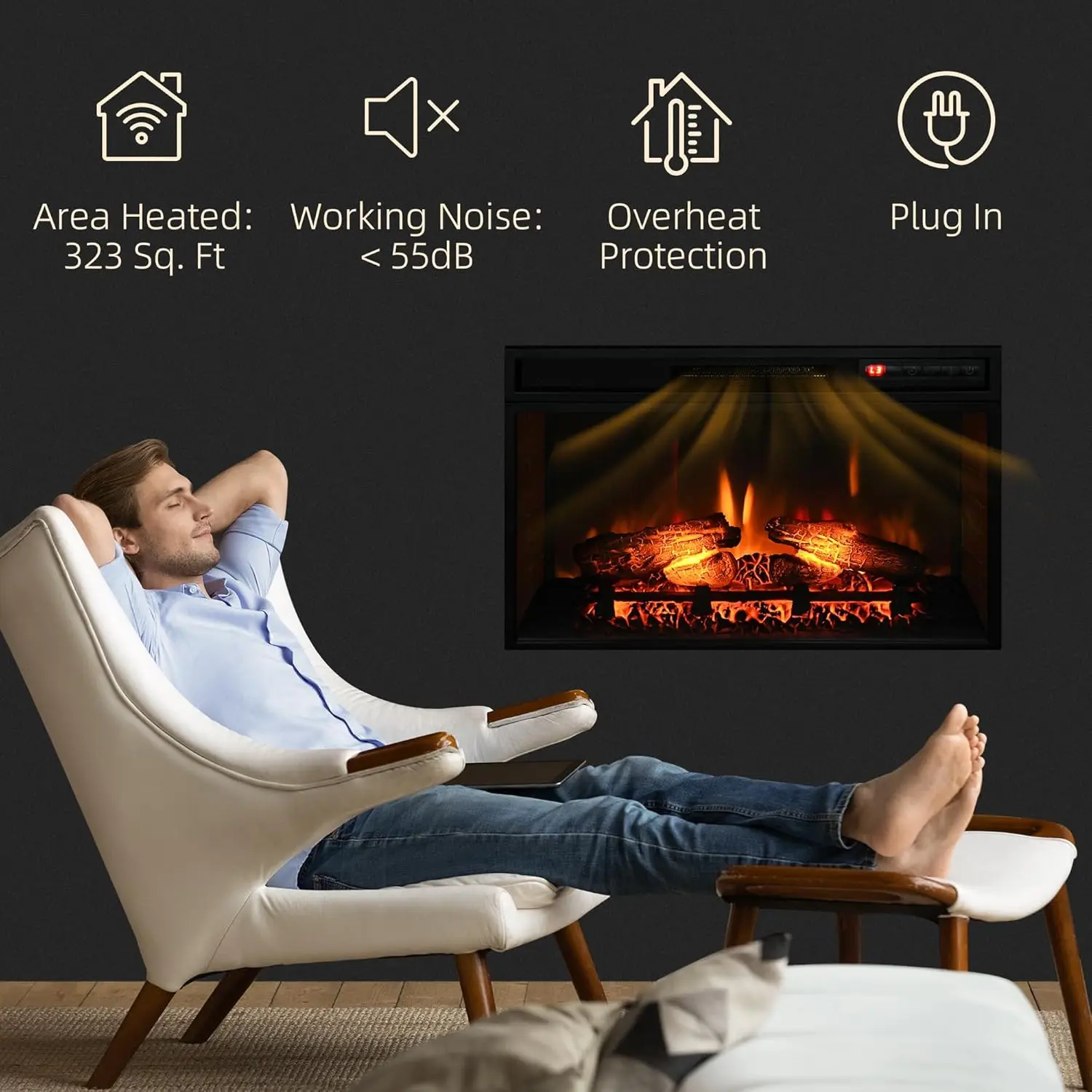 Electric Fireplace Insert, Retro Recessed Fireplace Heater with Realistic Log Flame, Remote Control, and Adjustable Brightness 4