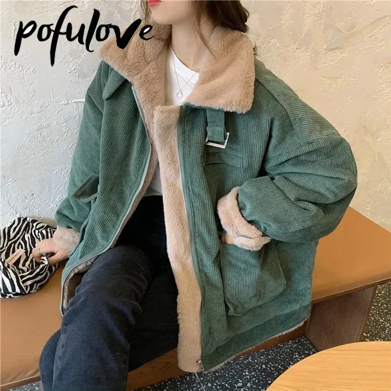 

Women's Fleece Lining Zipper Lambswool Cotton Coat Autumn Winter Jacket Women Corduroy Parkas Loose Thicken Warm Short Coat