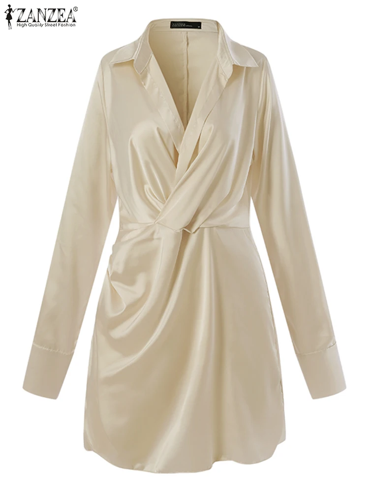 Vestido de Cetim Moda Feminina Zanzea Elegante Sólido Mini Robe 2022 Primavera Lapela Retalhos Vestidos Festa Sexy Curtos Oversized 8 Home & Garden