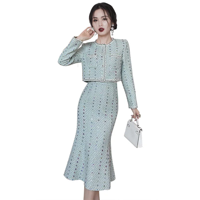 

Women's autumn/winter tweed short jacket+fishtail skirt set 2024 new small fragrant fashion set