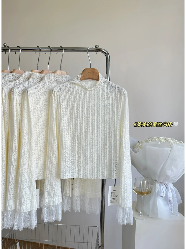 

Women's Apricot T-shirt Fashion Lace Tee Top 90s 2000s Korean Harajuku Vintage Y2k Long Sleeve T Shirt Aesthetic Autumn Clothes